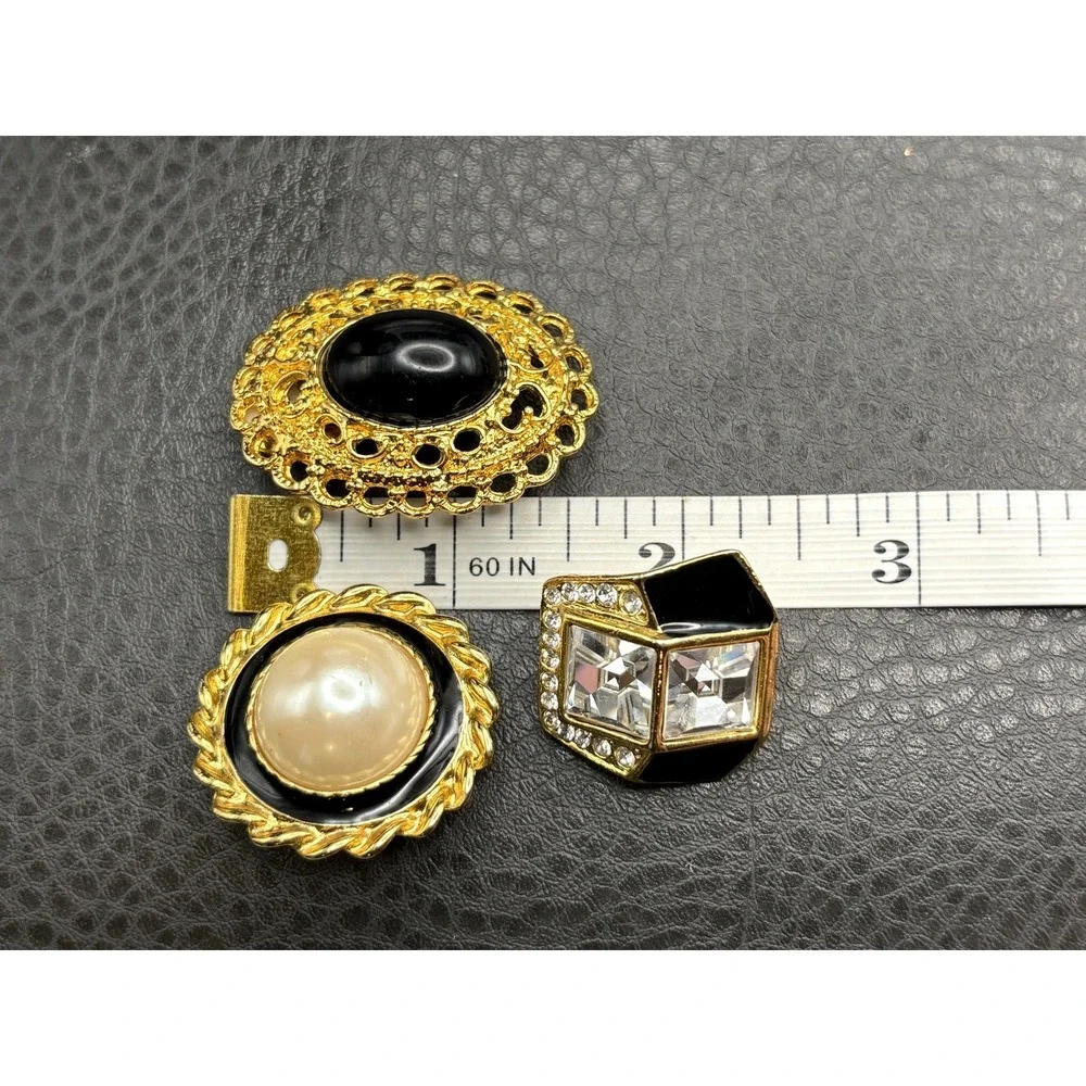 Vintage Park Lane Lot 3 Pairs Clip-On Earrings Black Enamel Pearl Rhinestone